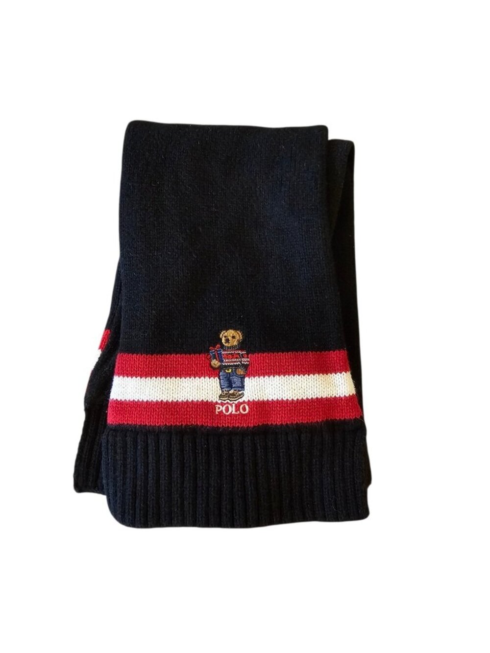 Kids Polo Ralph Lauren Bear Knit Scarf Youth 4 To 7 Black Cotton Fleece Backing